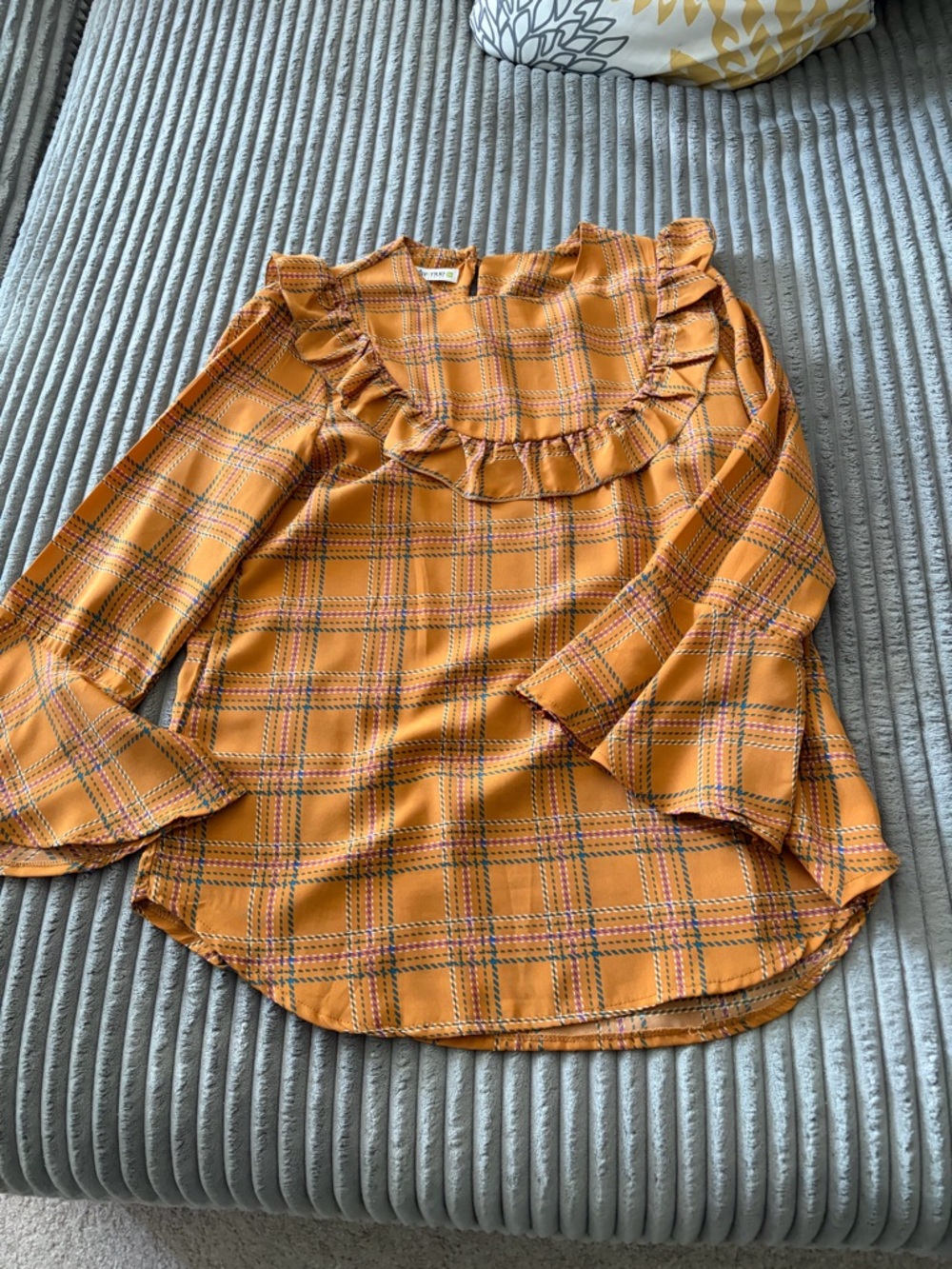 Plaid Ruffle-Yoke Blouse in Mustard